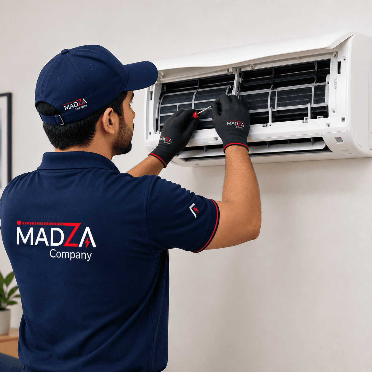 Madza technician inspecting and fixing a home appliance