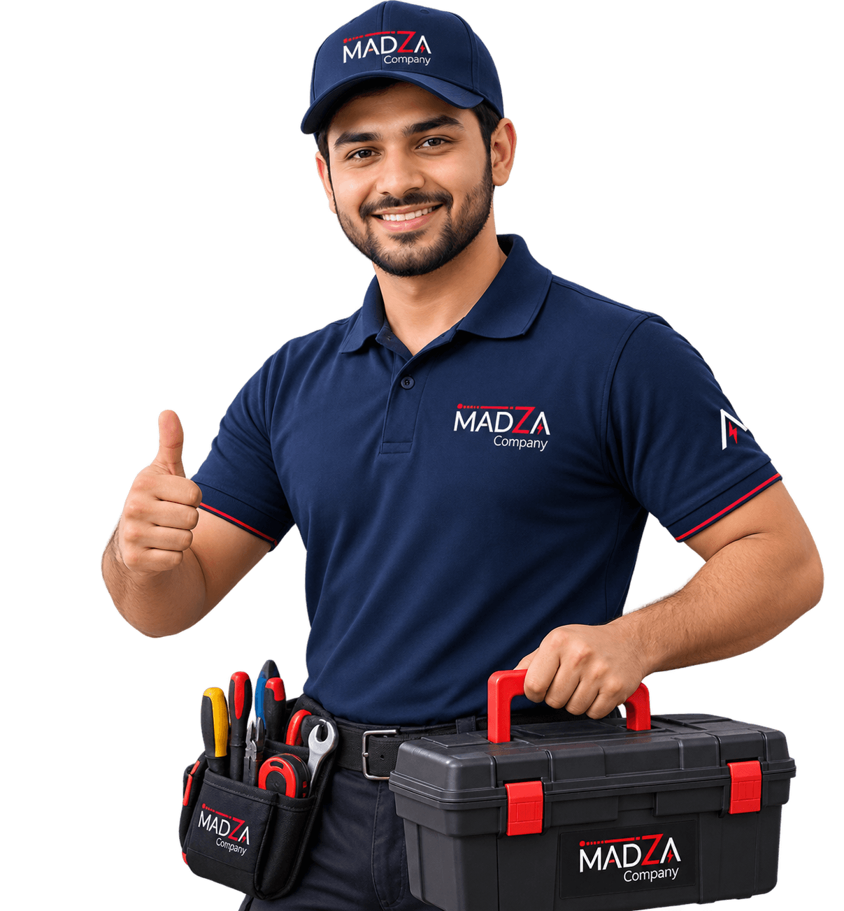 Madza professional technician giving thumbs up while holding a service toolbox in a modern home
